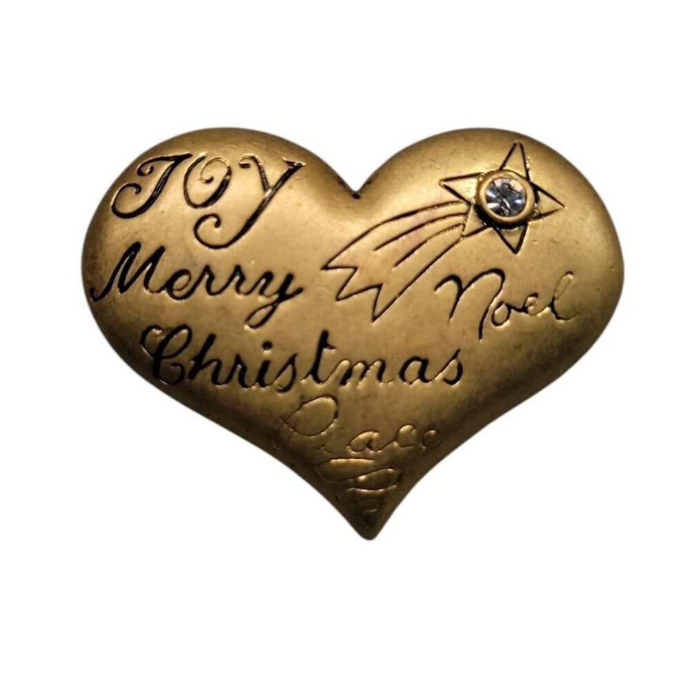 Danecraft Christmas Brooch Gilt Sterling Heart Rhinestone Accent Holiday Pin VTG